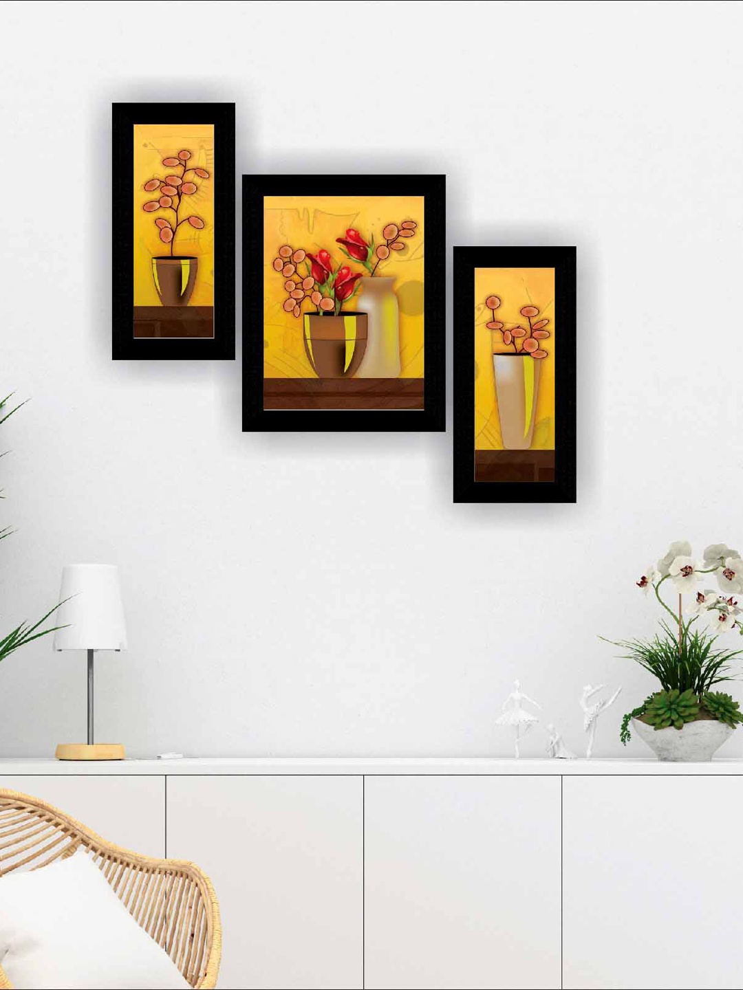 

SAF Yellow & Beige 3 Pieces Flower Pot Modern Wall Art Painting