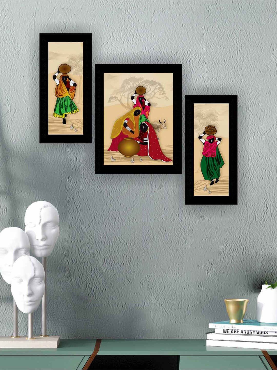 

SAF Beige & Green 3 Pieces Rajasthani Panihari ladies Modern Wall Art