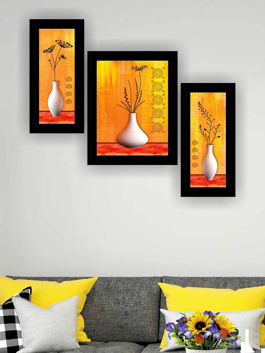 

SAF Yellow & Red 3 Pieces Flower Pot Modern Wall Art Painting