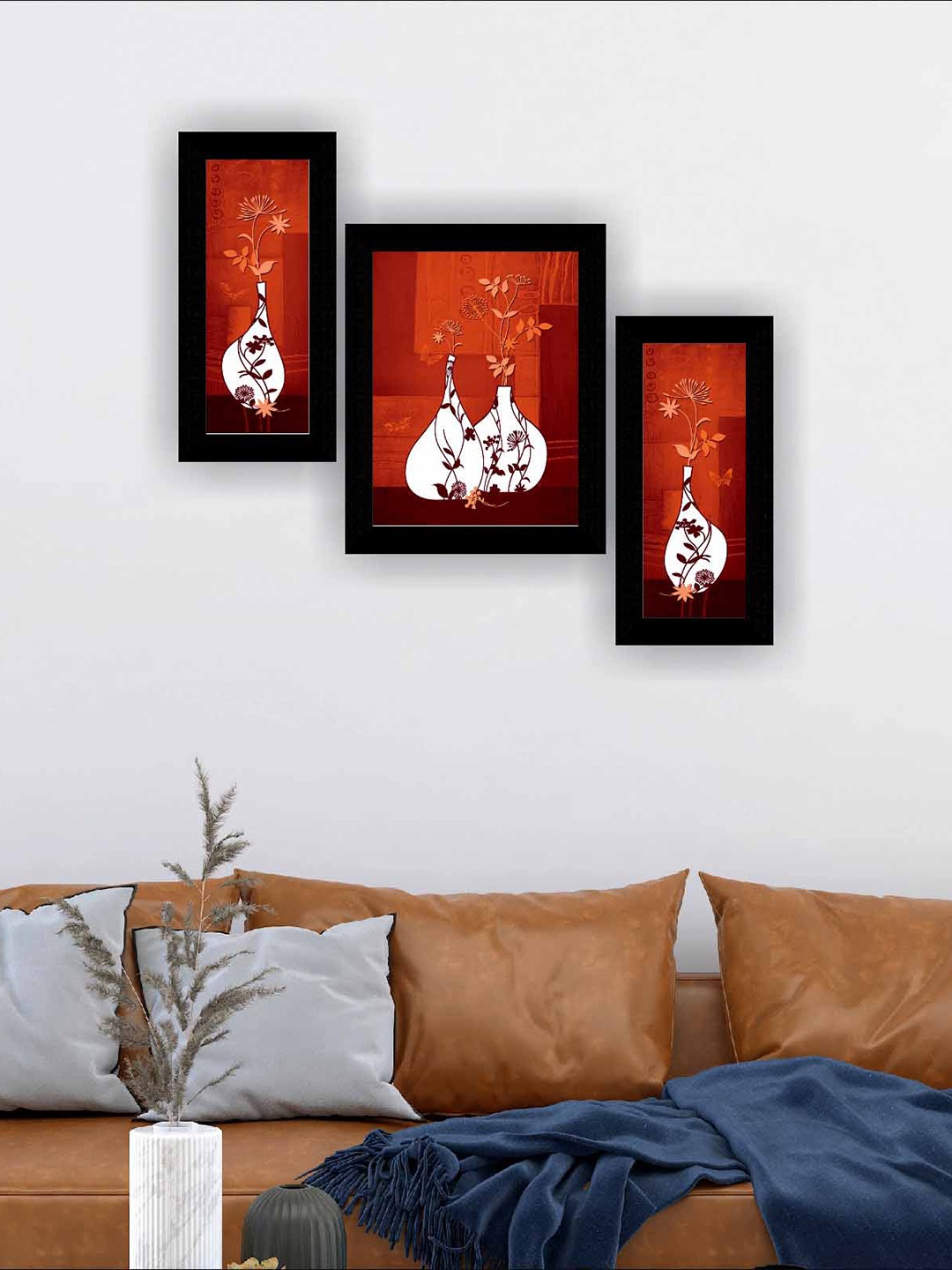 

SAF Red & White 3 Pieces Flowerpot Modern Art Framed Wall Painting