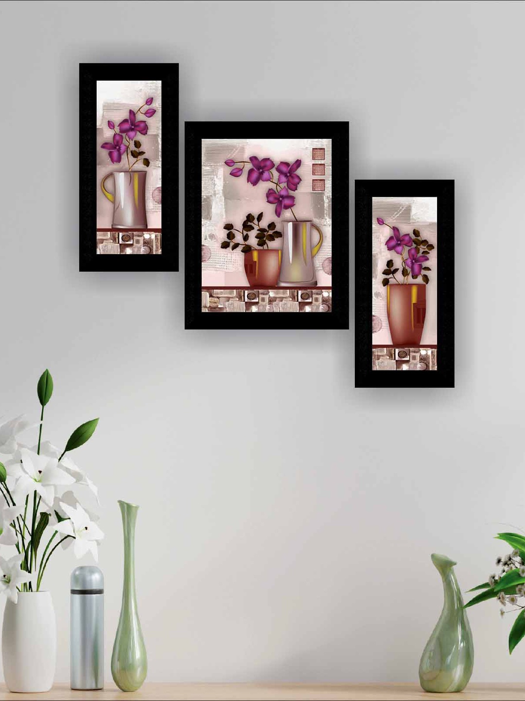 

SAF Brown & Beige 3 Pieces Flower Pot Modern Art Painting Wall Art