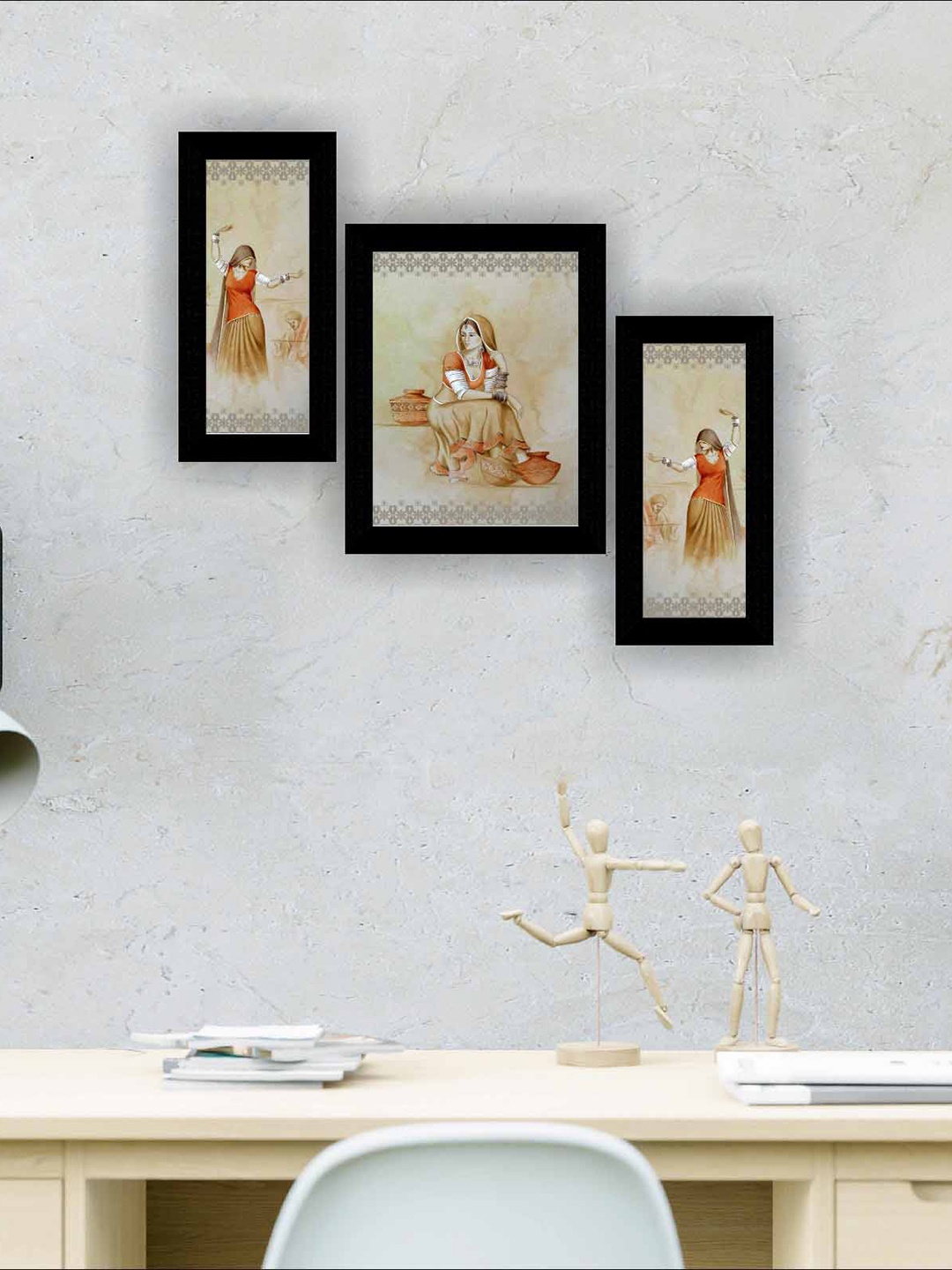 

SAF Beige & Grey 3 Pieces Rajasthani Panihari Ladies Modern Art Painting Wall Art