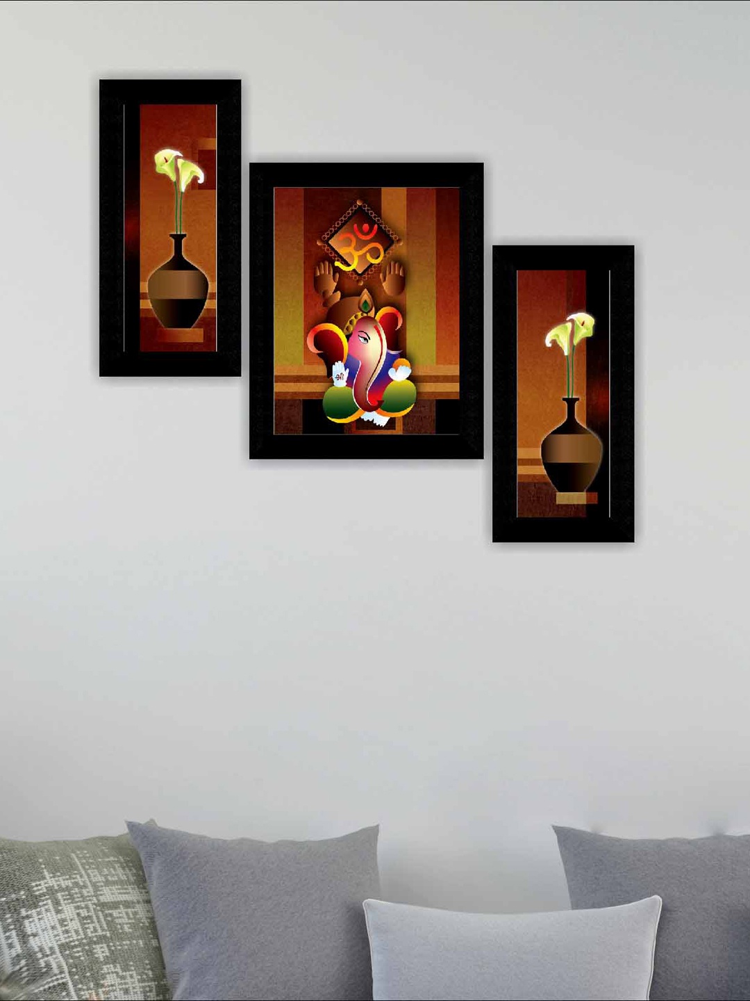 

SAF Brown & Black 3 Pieces Ganesha Modern Wall Art Painting