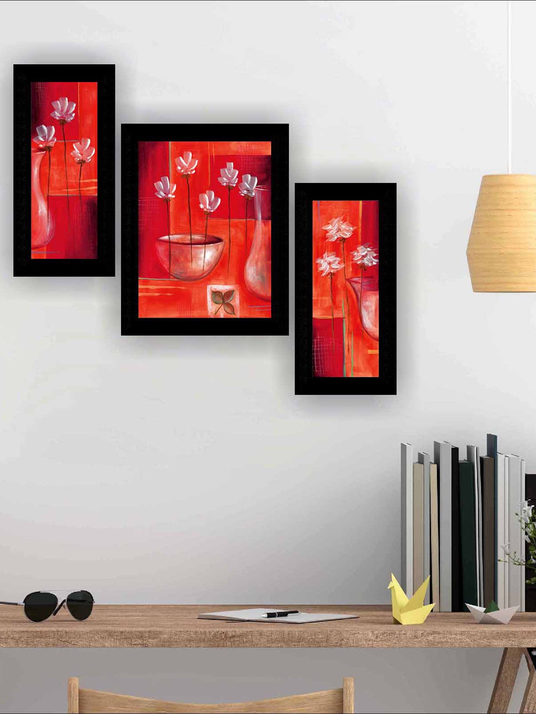 

SAF Red & Black 3 Pieces Flower Pot Modern Wall Art Painting