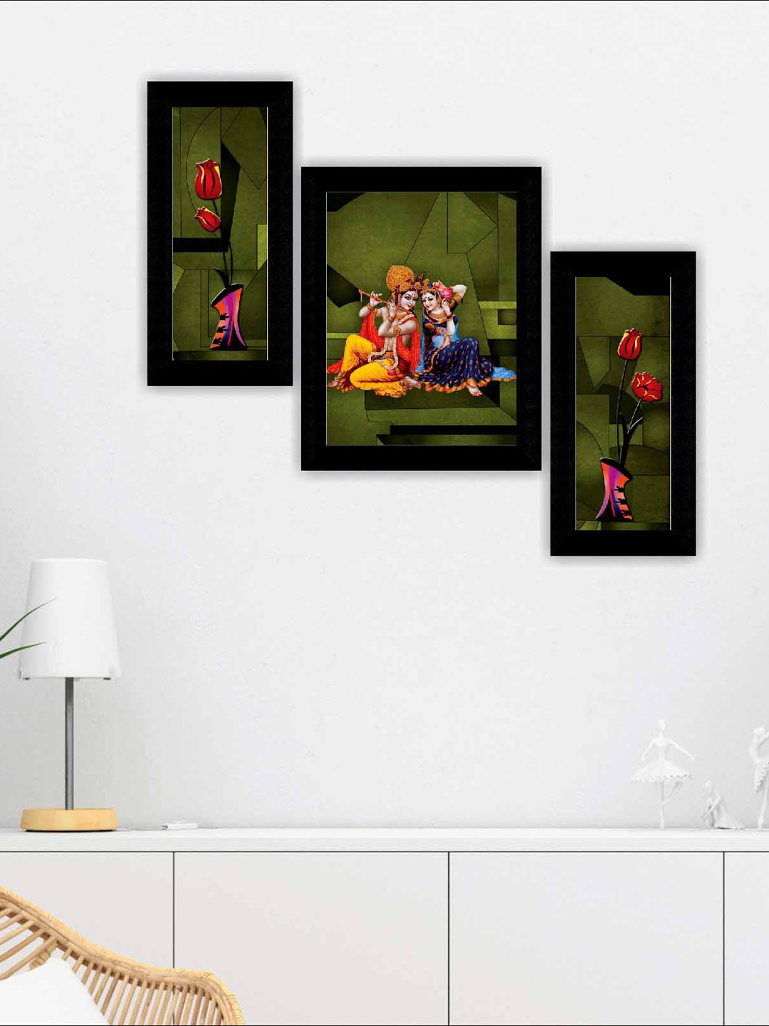 

SAF Green & Red 3 Pieces Radha Krishna Self Adhesive Framed Wall Paintings