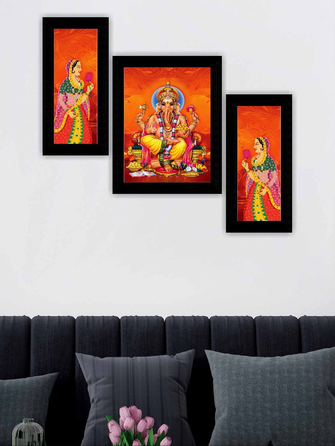 

SAF Orange Coloured & Yellow 3 Pieces Ganesha Modern Art Painting Wall Art