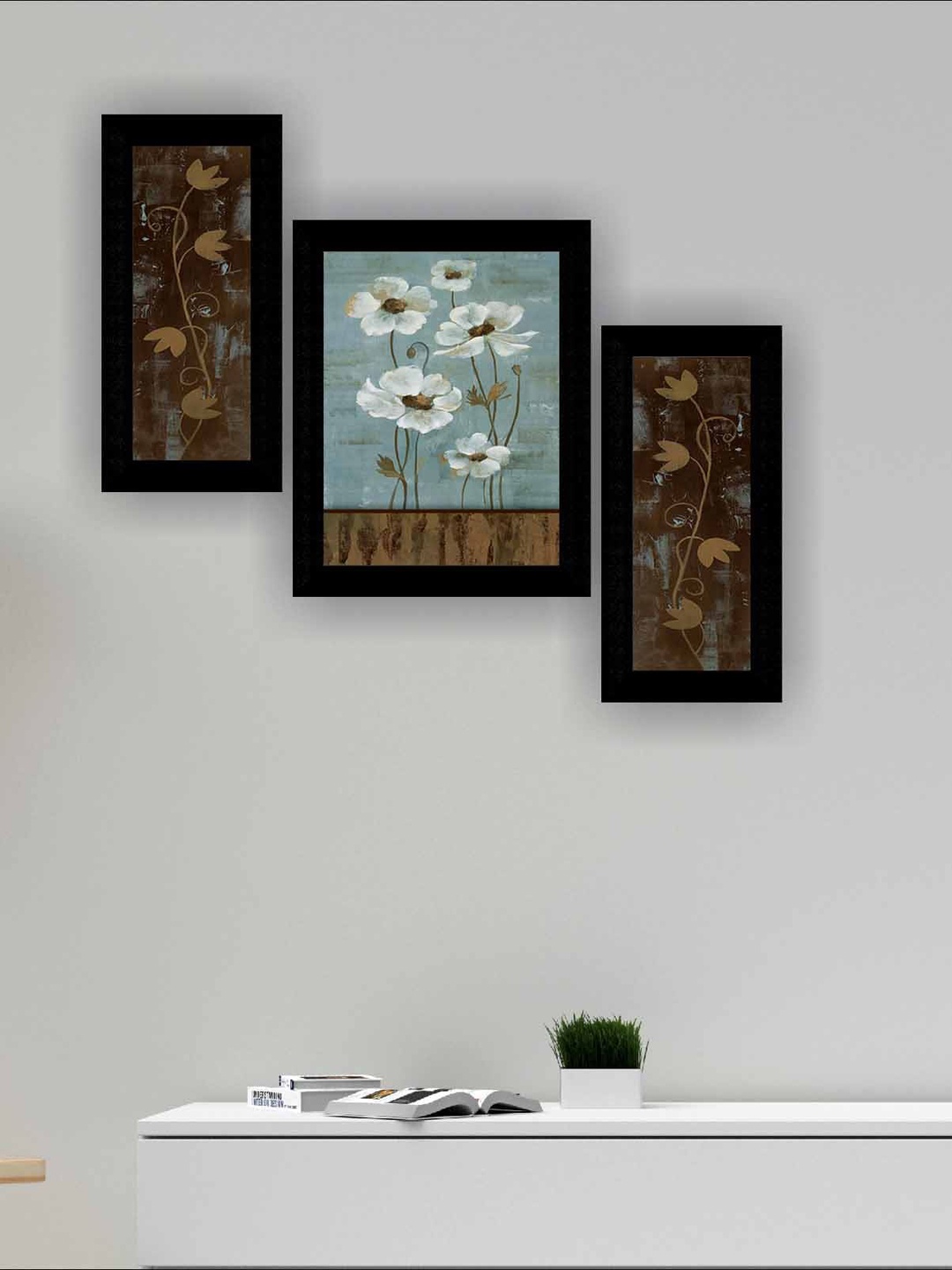 

SAF Brown & Green 3 Pieces Flower Pot Modern Art Self Adhesive Framed Wall Paintings
