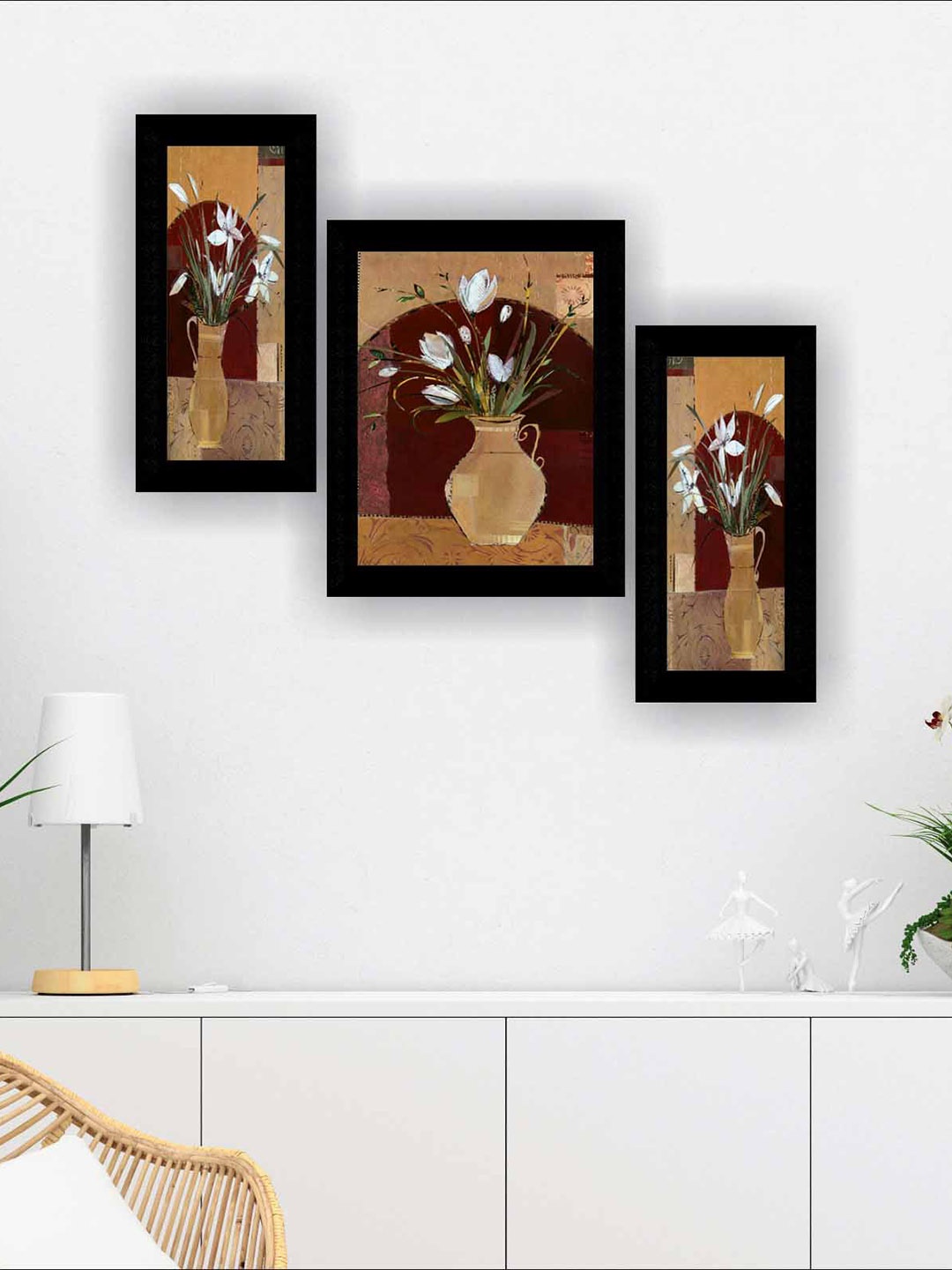 

SAF Black & Brown 3 Pieces Flower Pot Modern Art Painting Wall Art