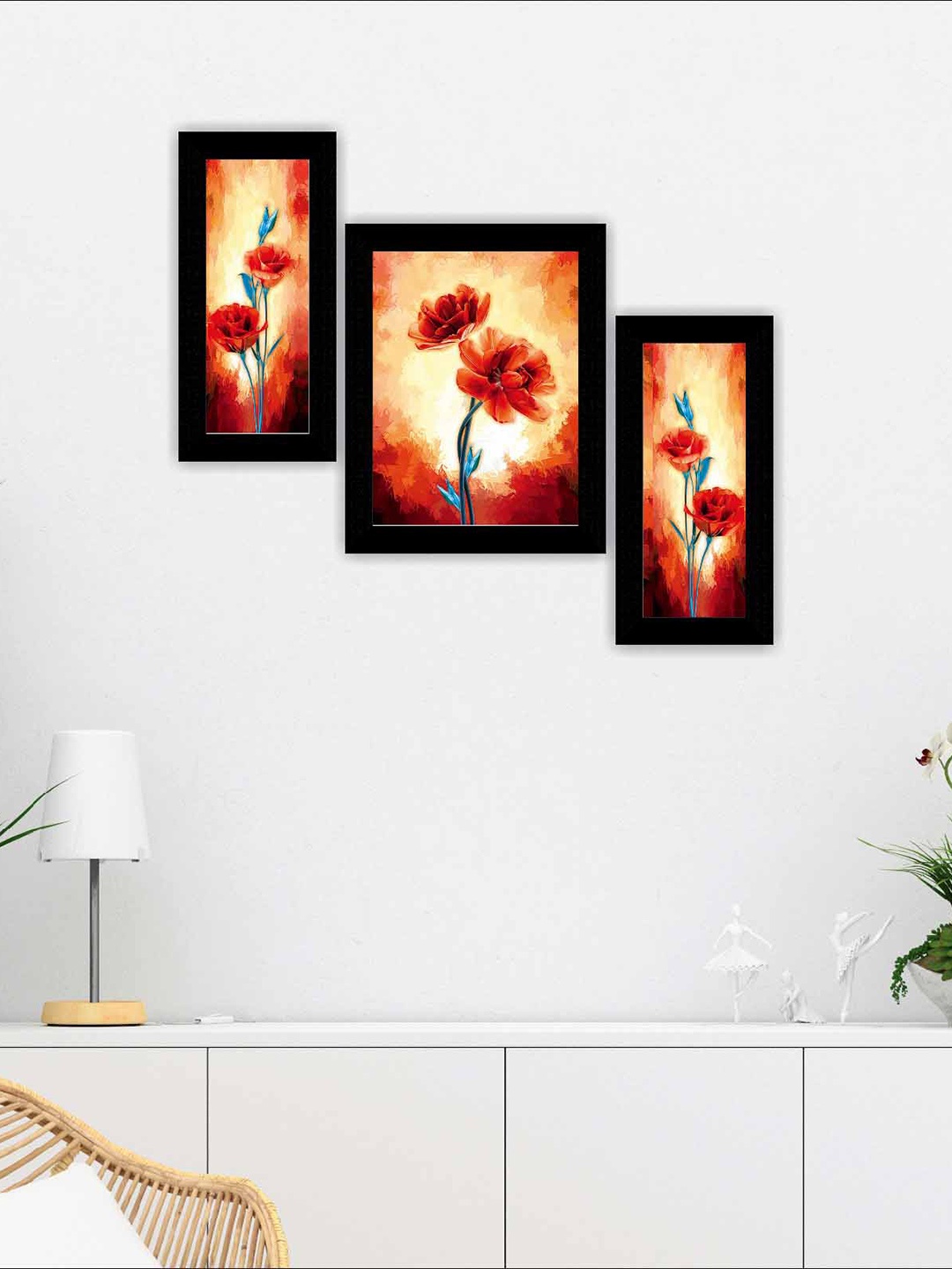 

SAF Black & Red 3 Pieces Flower Pot Modern Art Framed Wall Art