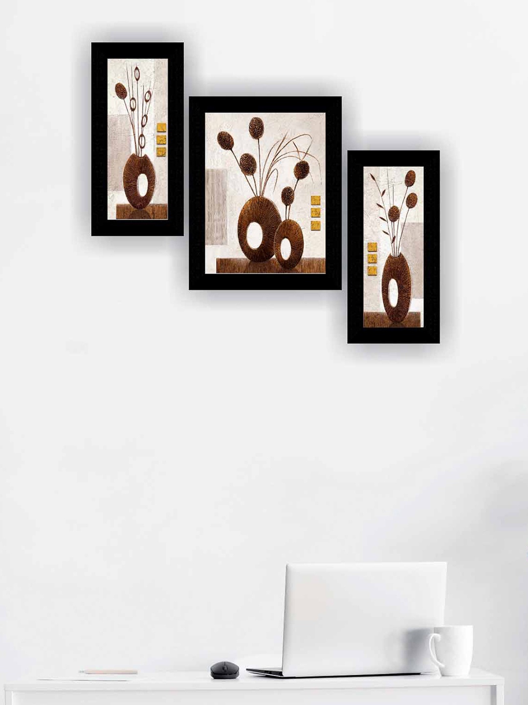 

SAF Beige & Brown 3 Pieces Flower Pot Modern Painting Wall Art, Black