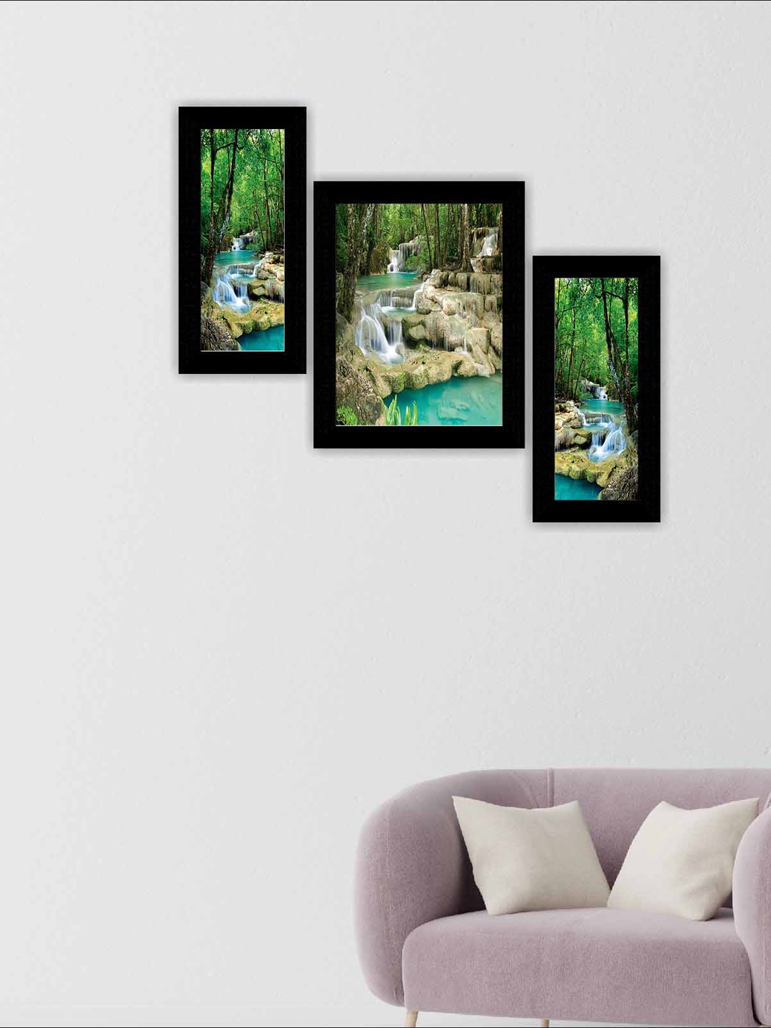 

SAF Black & Green 3 Pieces Waterfall Modern Art Framed Wall Art