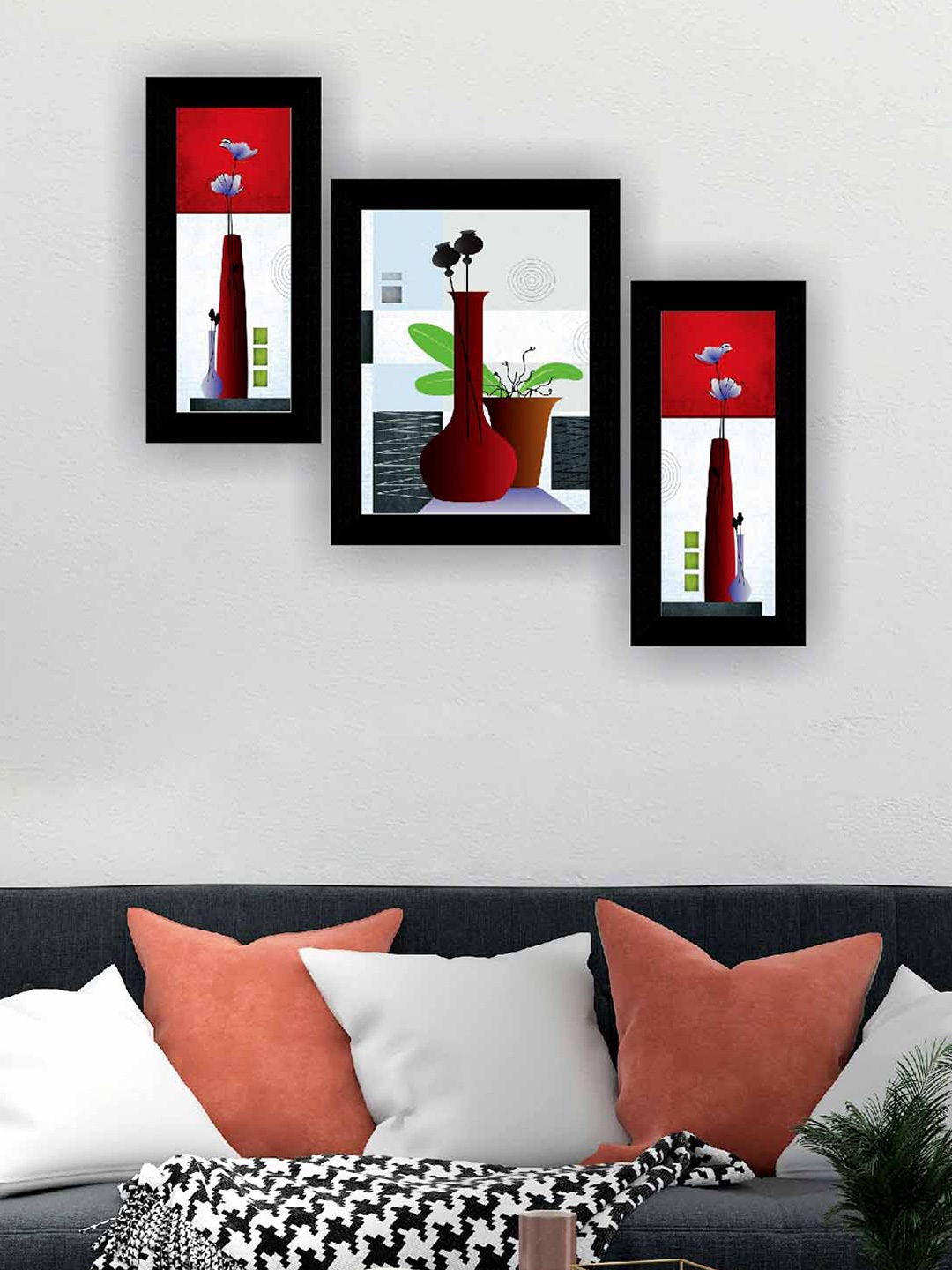

SAF White & Maroon 3 Pieces Flower Pot Modern Art Painting Wall Art