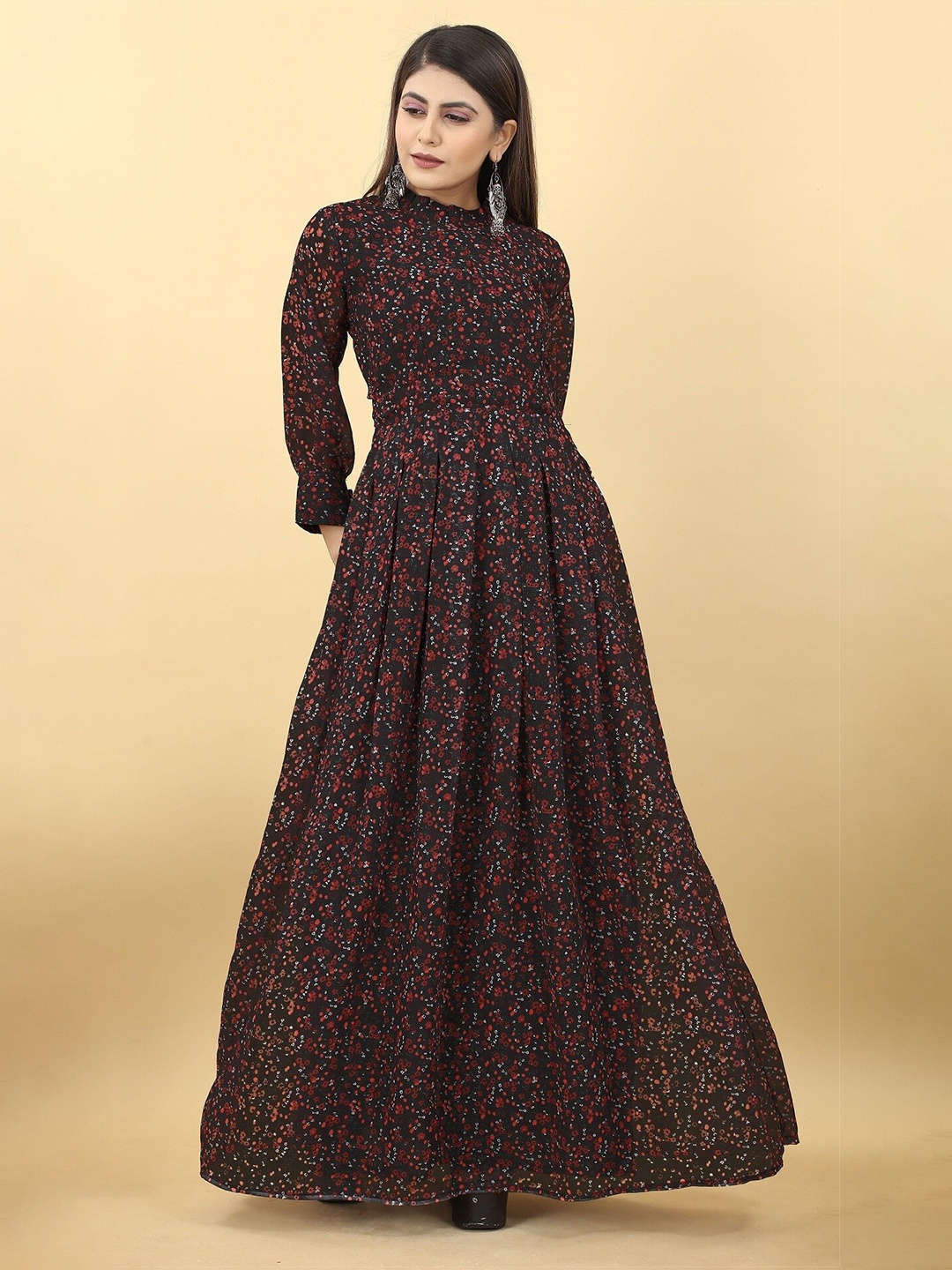 

Fashion Basket Floral Printed Cuffed Sleeves Fit and Flare Maxi Dress, Black