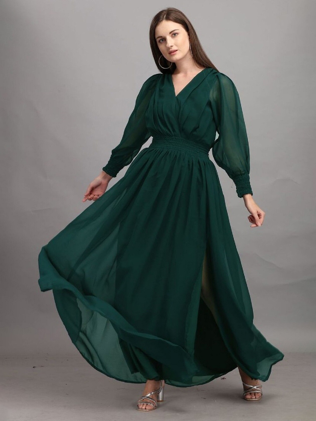 

Fashion Basket V-Neck Puff Sleeve Georgette Maxi Dress, Green