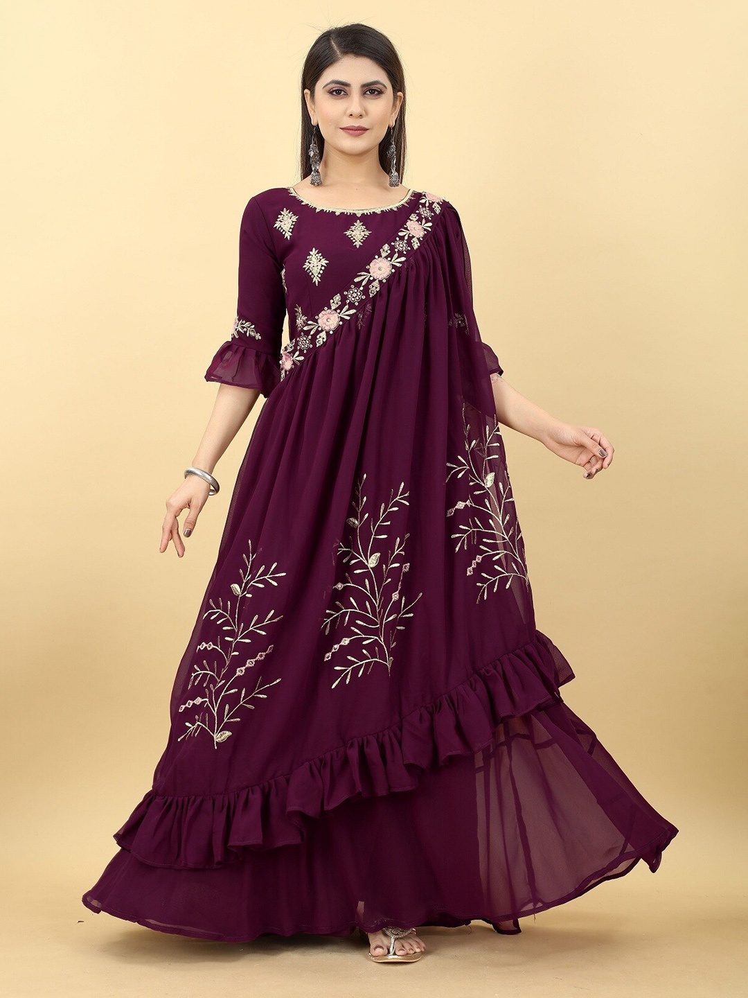 

Fashion Basket Floral Embroidered Bell Sleeve Fit & Flare Maxi Ethnic Dress, Maroon