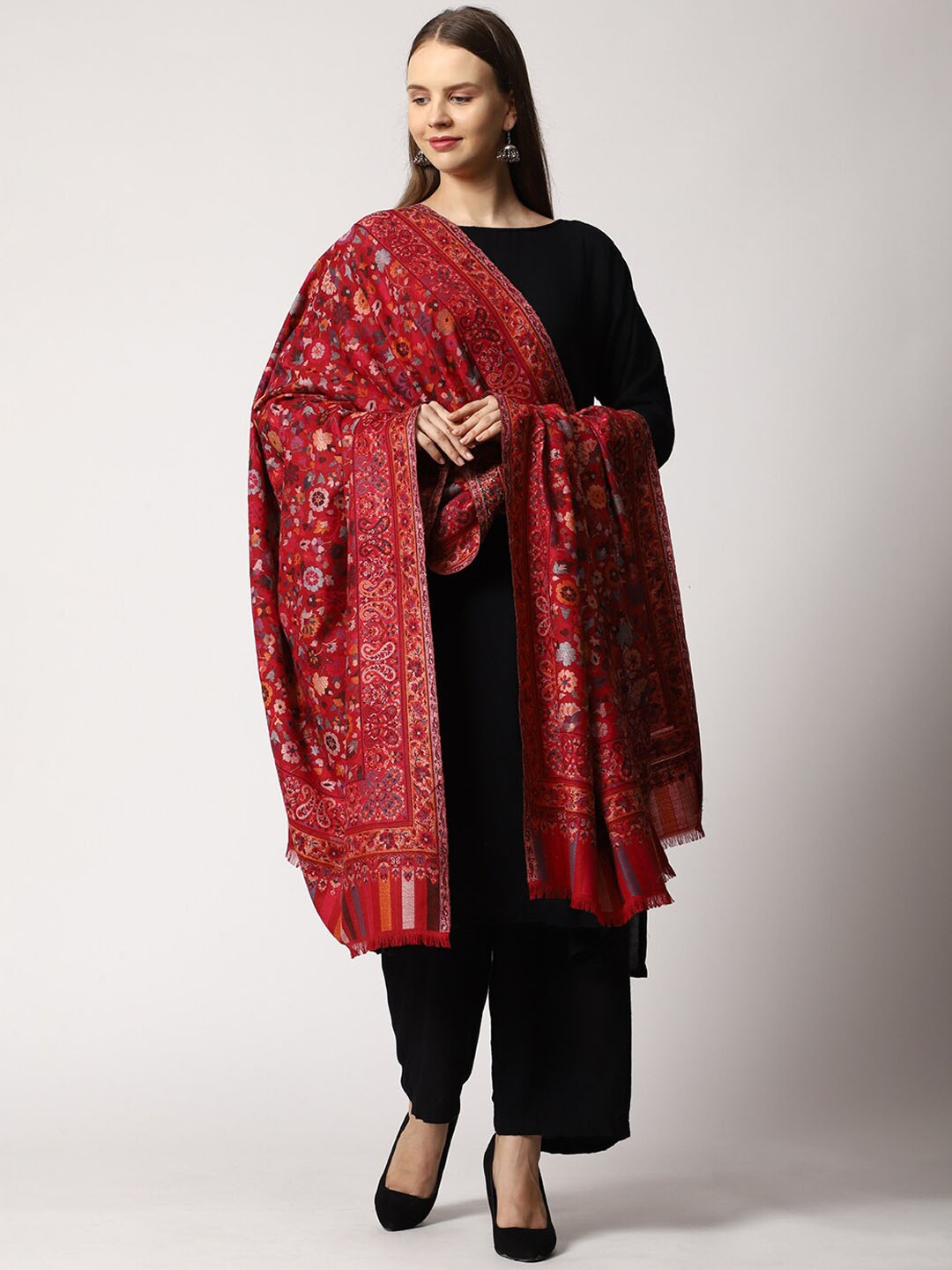 

SWI Stylish Women Kashmiri Kani Woven Design Wool Shawl, Maroon