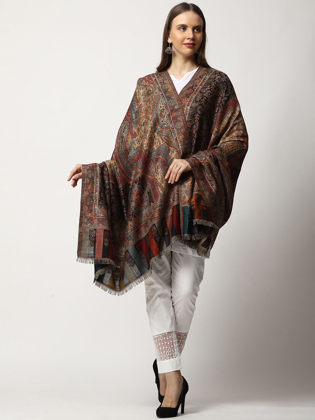 

SWI Stylish Women Kashmiri Kani Woven Design Wool Shawl, Beige