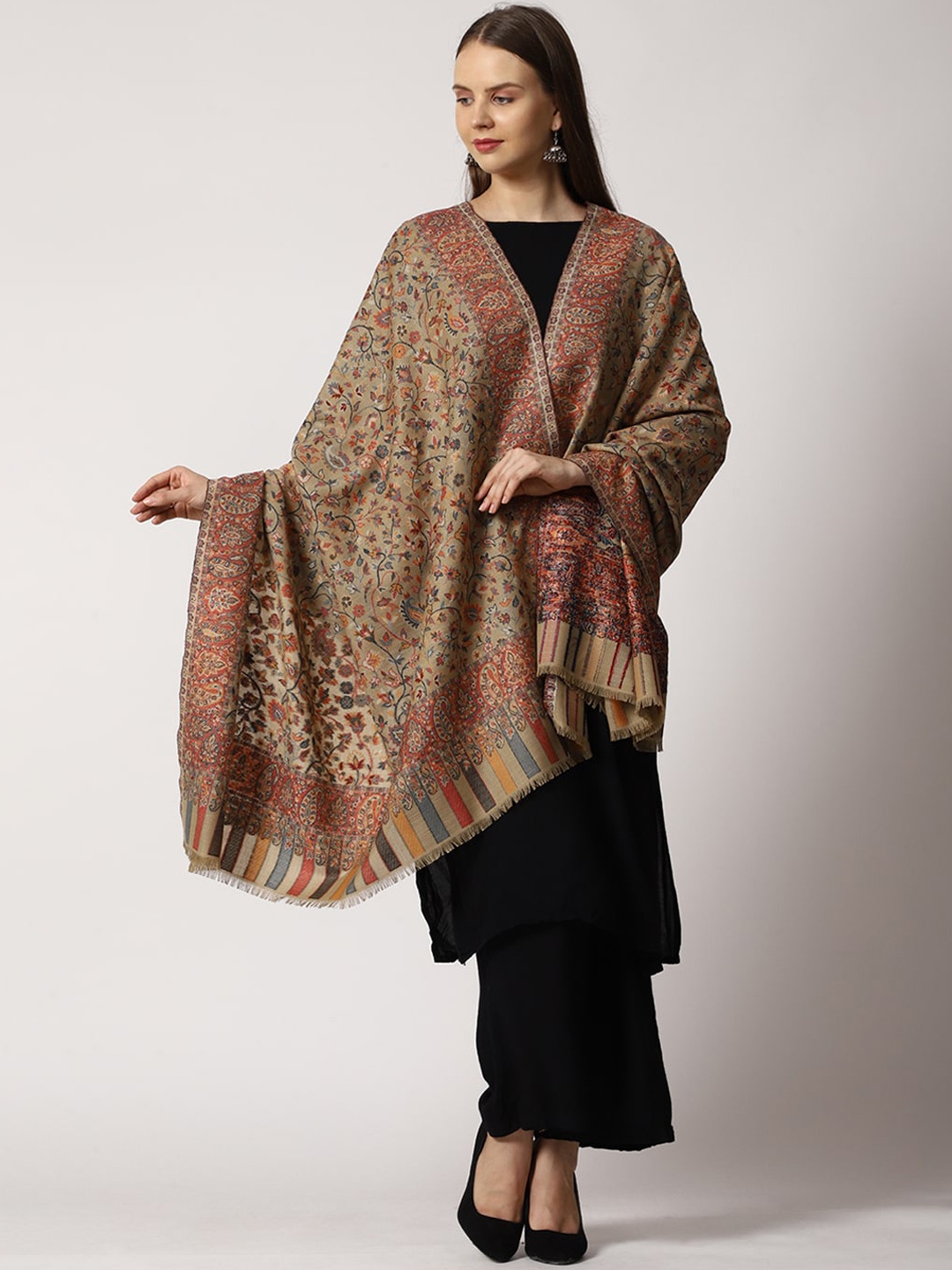 

SWI Stylish Women Kashmiri Kani Woven Design Wool Shawl, Beige