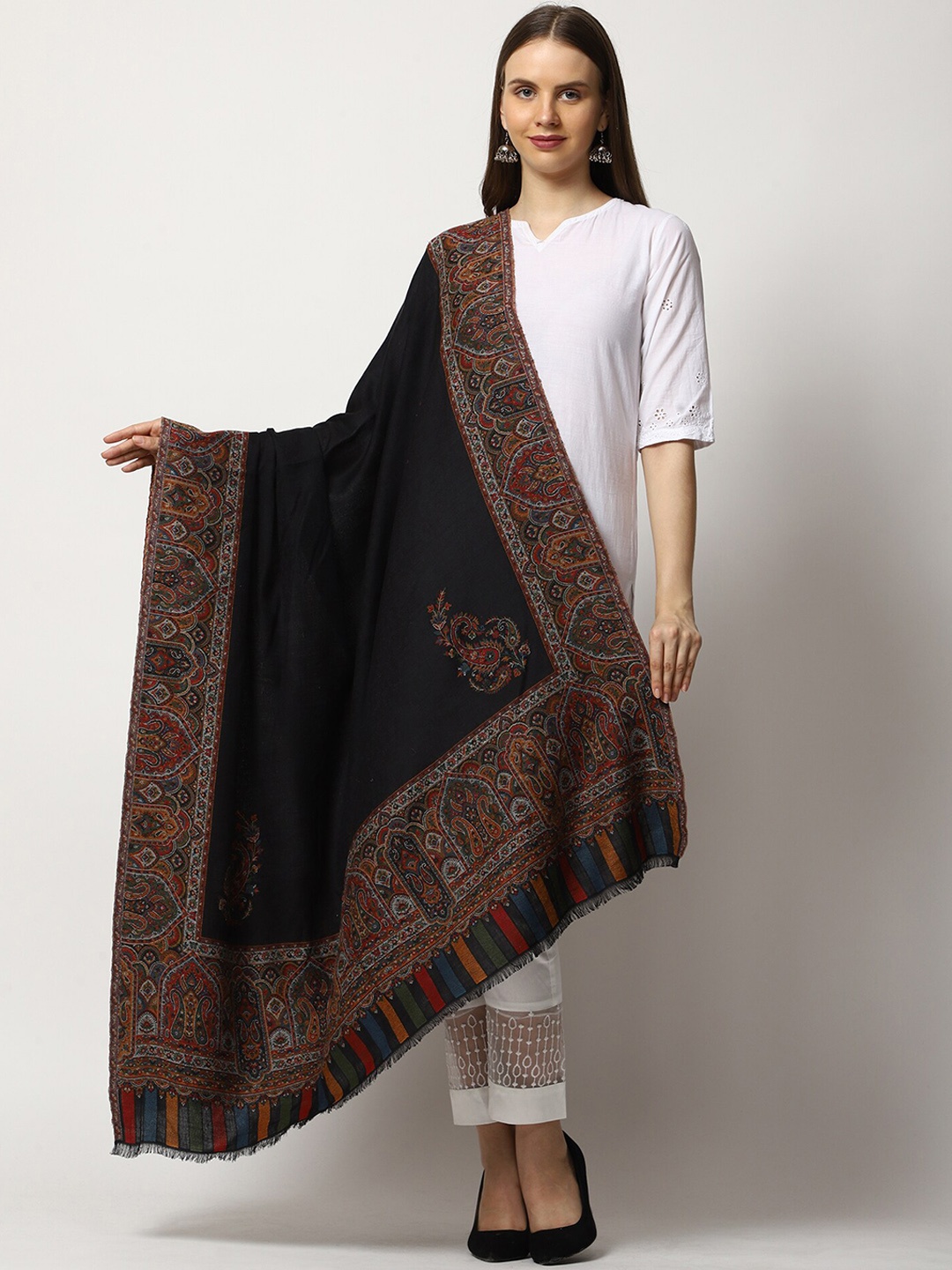 

SWI Stylish Women Kashmiri Kani Woven Design Wool Shawl, Black