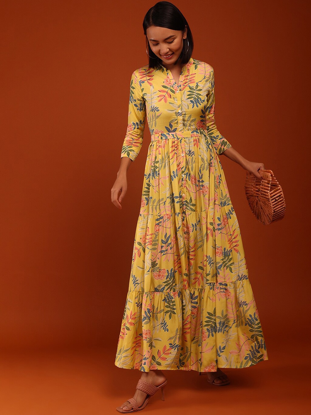 

KALKI Fashion Mandarin Collar Floral Printed Tiered Silk Dress, Yellow