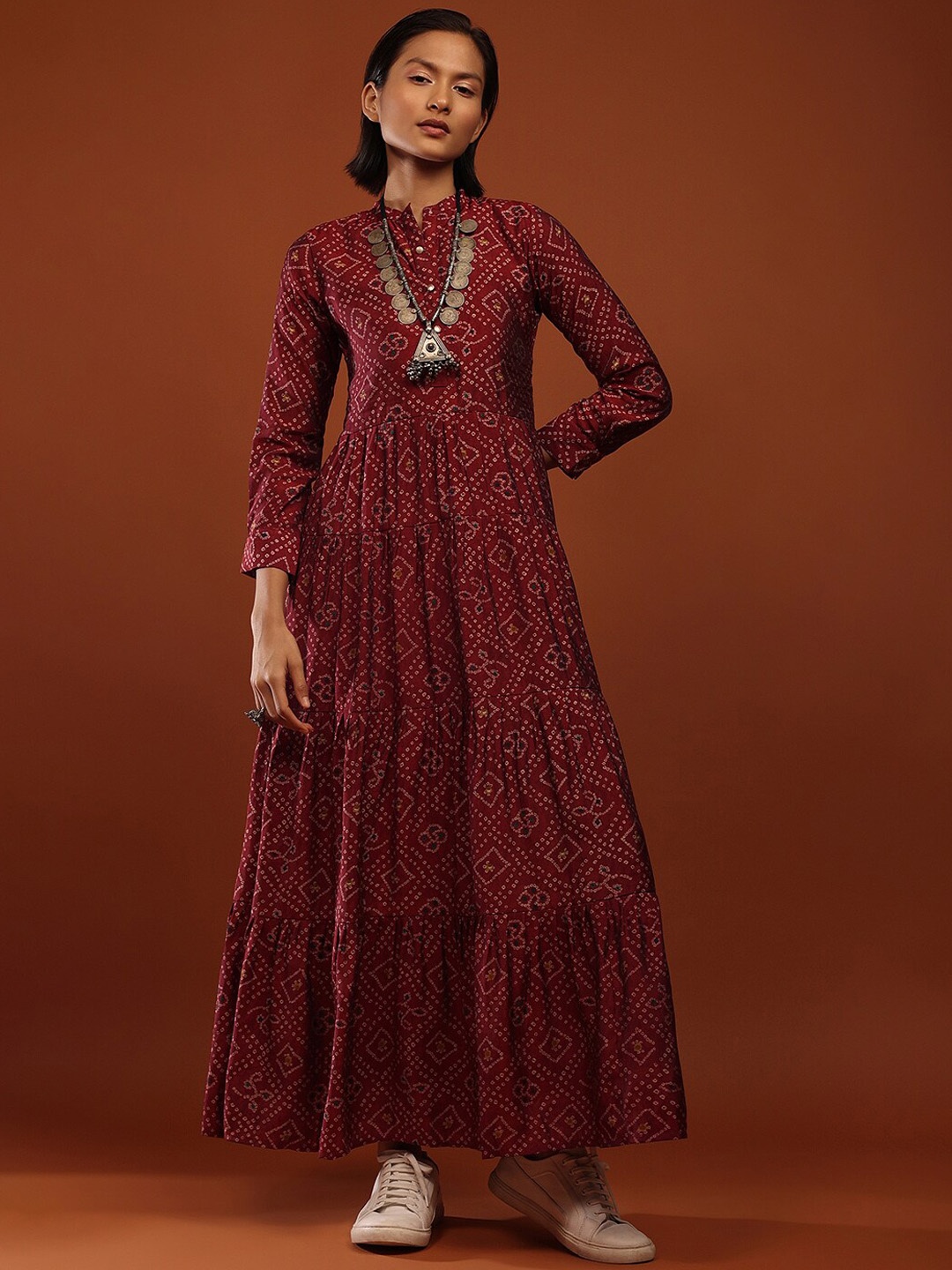 

KALKI Fashion Ethnic Motifs Printed Gathered Or Pleated Silk Ethnic Dress, Red