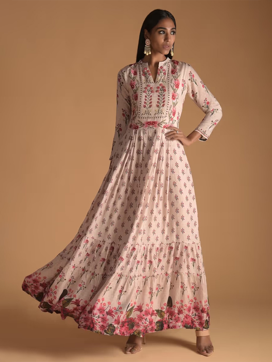 

KALKI Fashion Floral Printed Mandarin Collar Gathered Or Pleated Ethnic Dress, Pink
