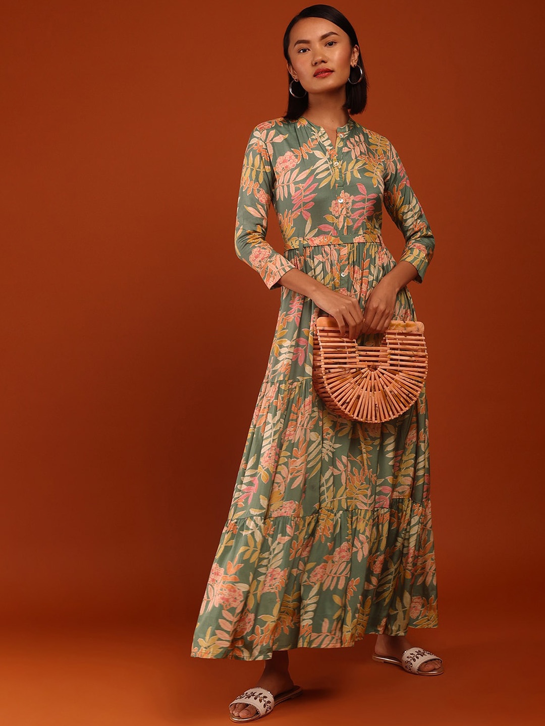 

KALKI Fashion Mandarin Collar Floral Printed Tiered Silk Dress, Green