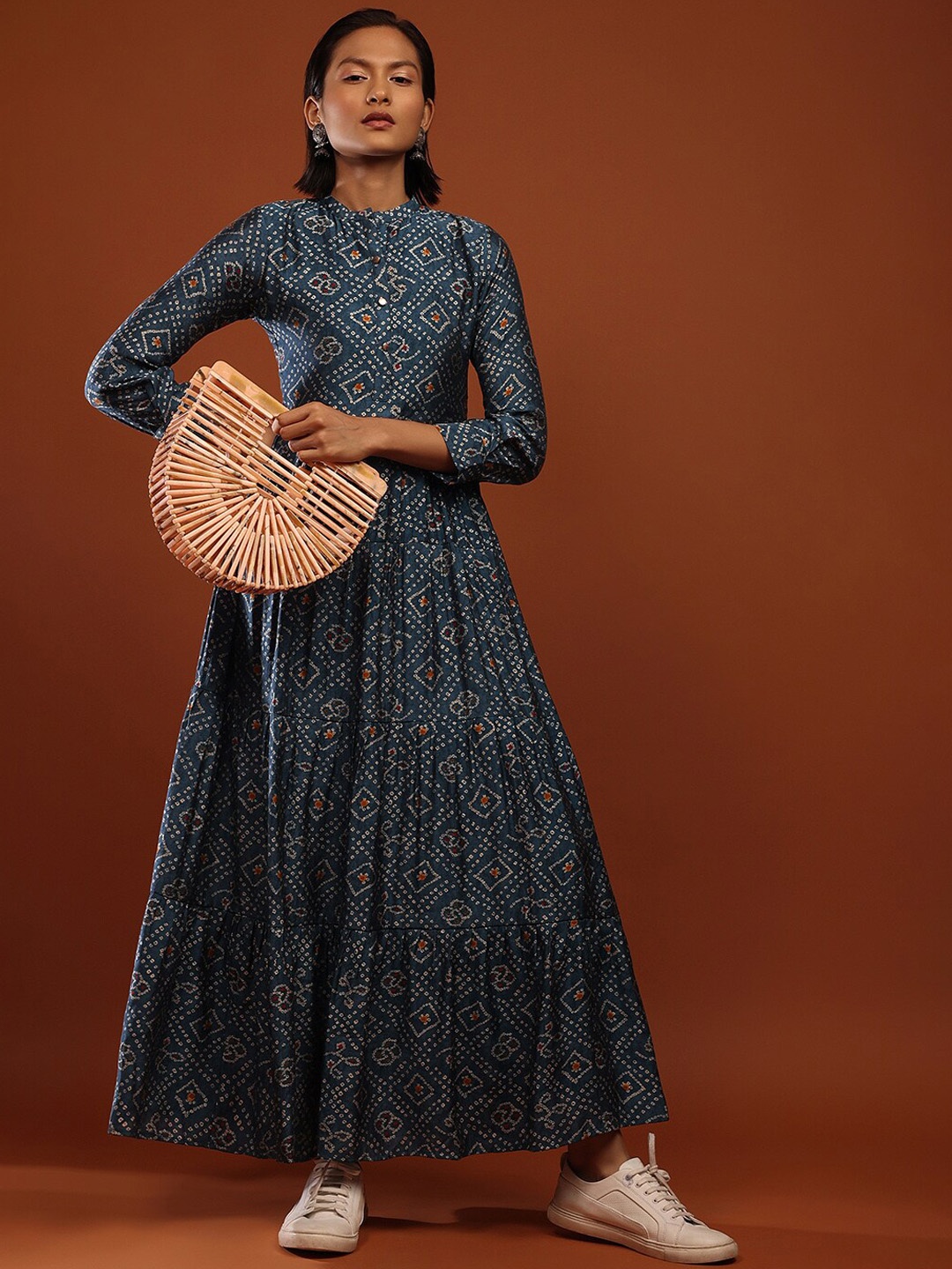 

KALKI Fashion Ethnic Motifs Printed Gathered Or Pleated Silk Ethnic Dress, Blue