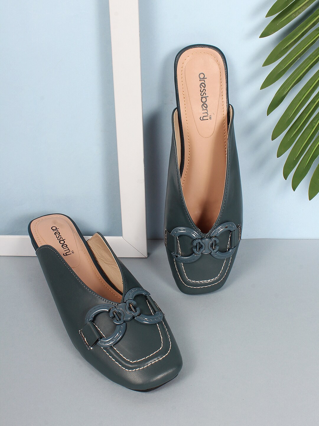 

DressBerry Women Mules Flats With Buckles, Teal