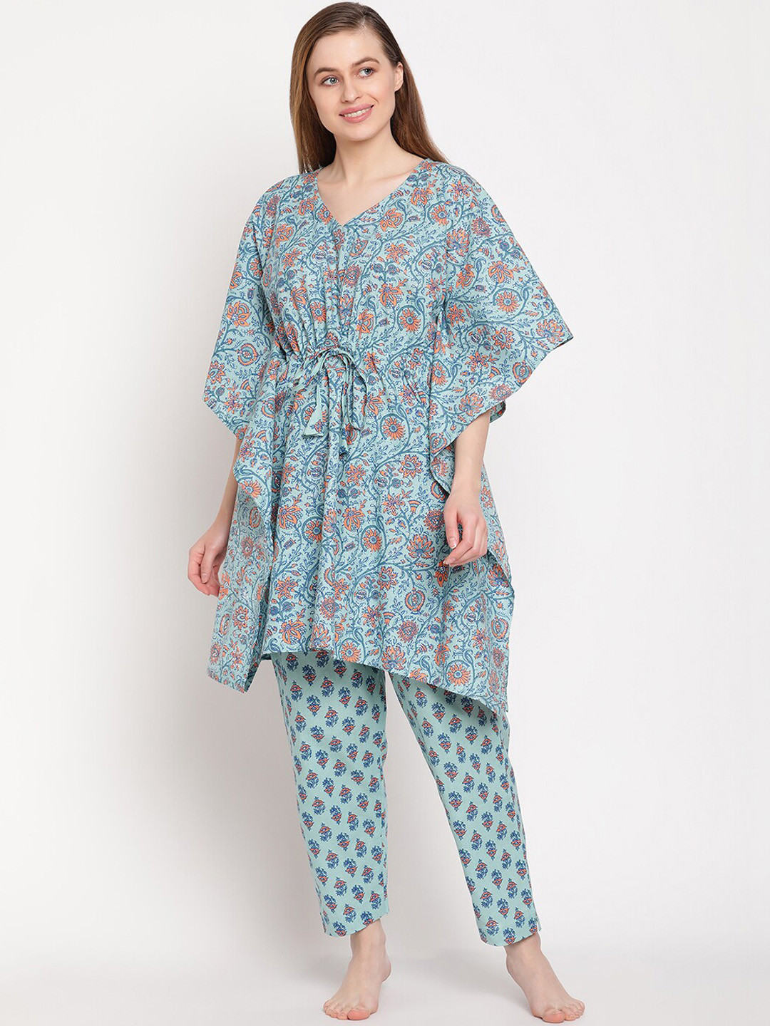 

TAG 7 Floral Printed Kaftan Night Suit, Blue