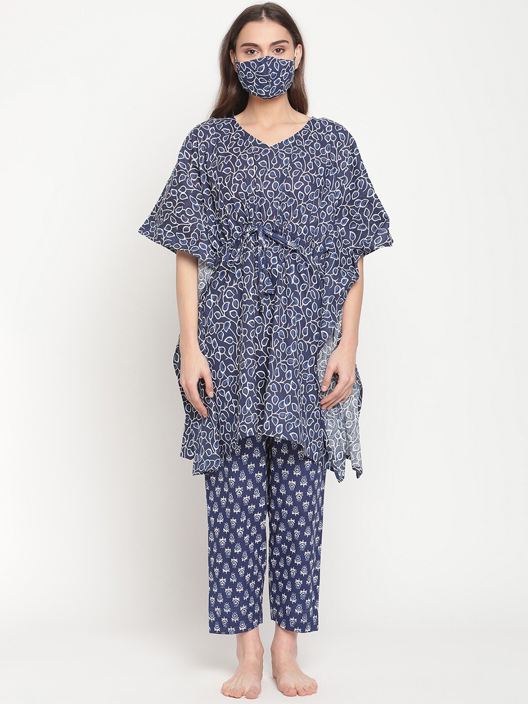 

TAG 7 Floral Printed Kaftan Night Suit, Blue