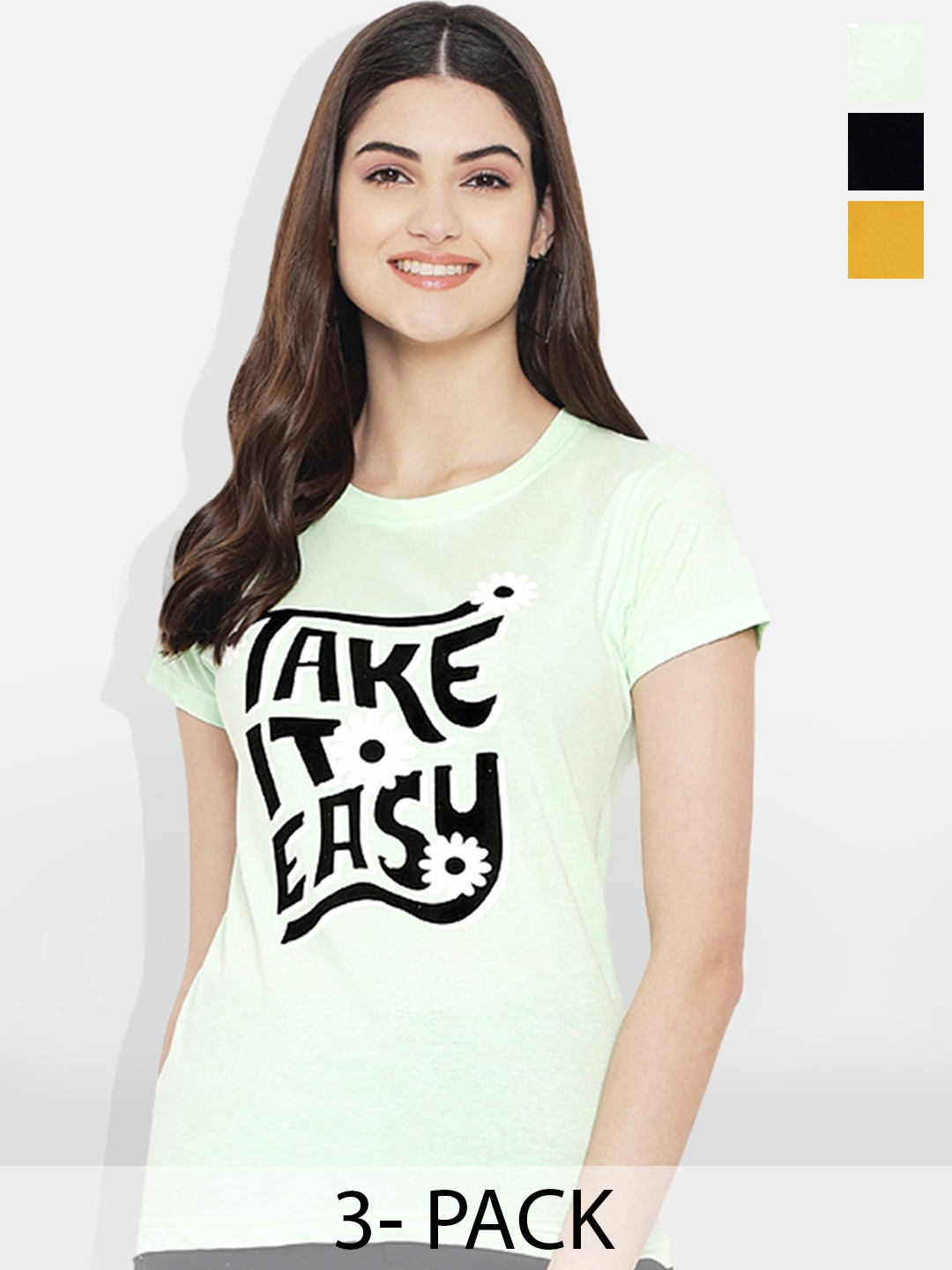 

Fabflee Women Multicoloured 3 Printed V-Neck T-shirt, Multi