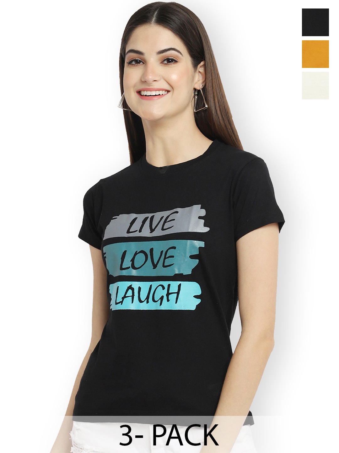 

Fabflee Women Multicoloured 3 Printed Applique T-shirt, Multi