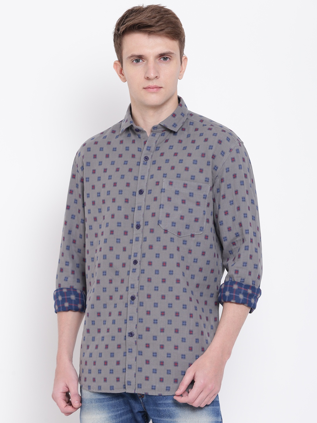

John Players Men Grey & Navy Blue Regular Fit Printed Casual Shirt