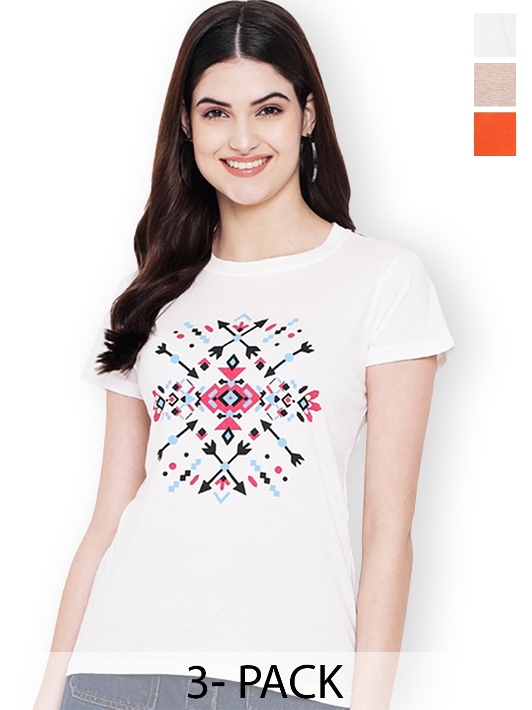 

Fabflee Women Multicoloured 3 Printed V-Neck Applique T-shirt, Multi