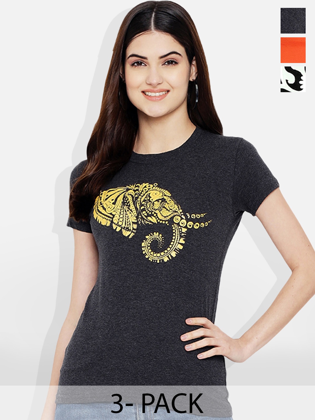 

Fabflee Women Multicoloured 3 Printed Applique T-shirt, Multi
