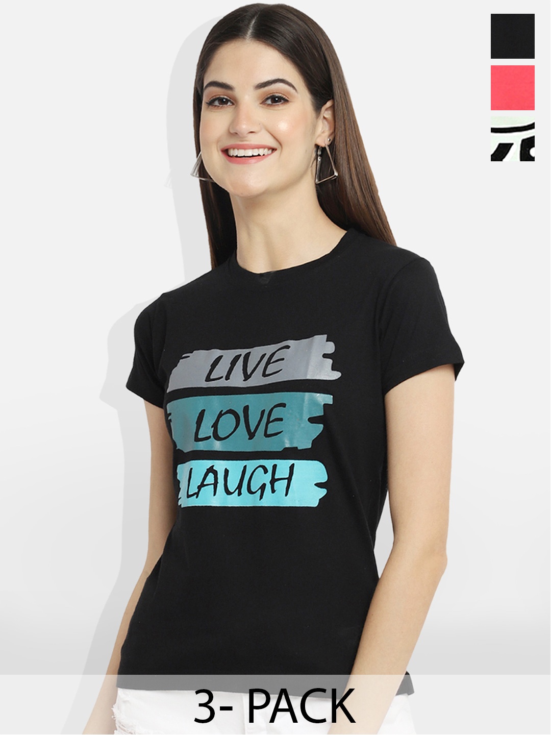 

Fabflee Women Multicoloured 3 Printed V-Neck Applique T-shirt, Multi