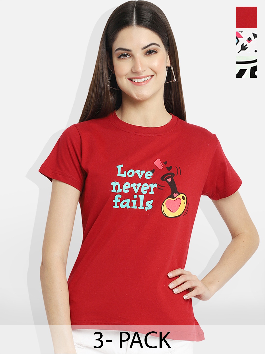 

Fabflee Women Multicoloured 3 Printed Applique T-shirt, Multi