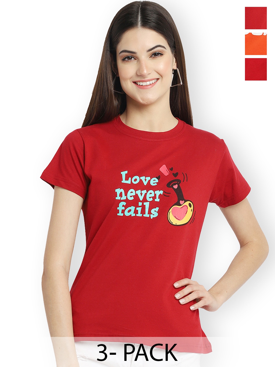 

Fabflee Women Multicoloured 3 Printed Applique T-shirt, Multi