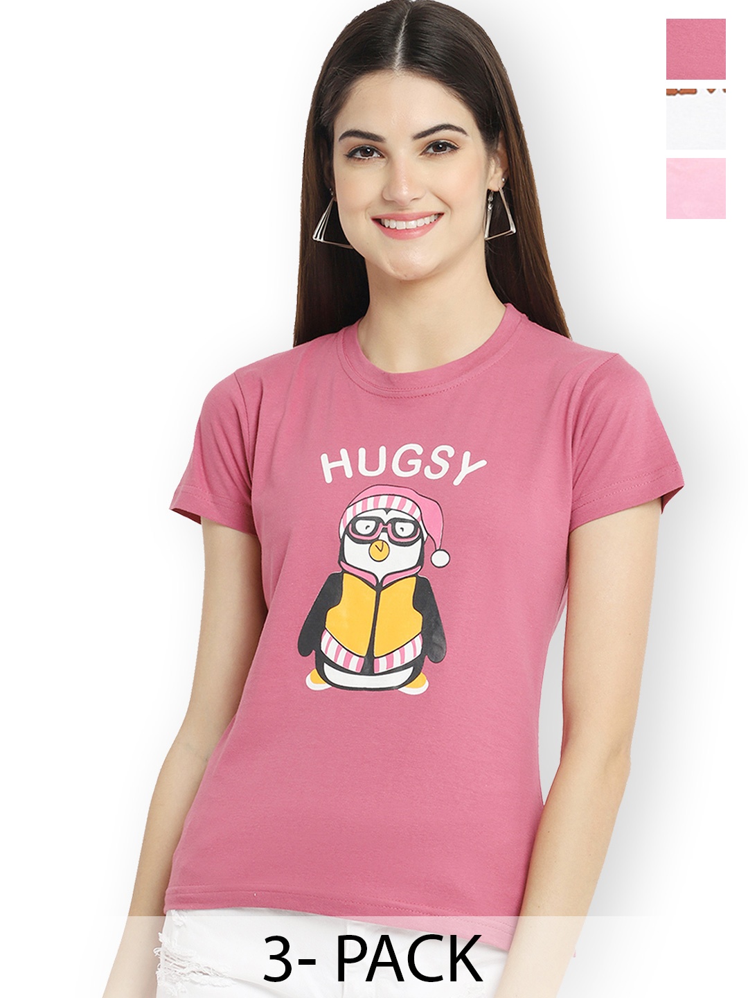 

Fabflee Women Multicoloured 3 Printed V-Neck T-shirt, Multi