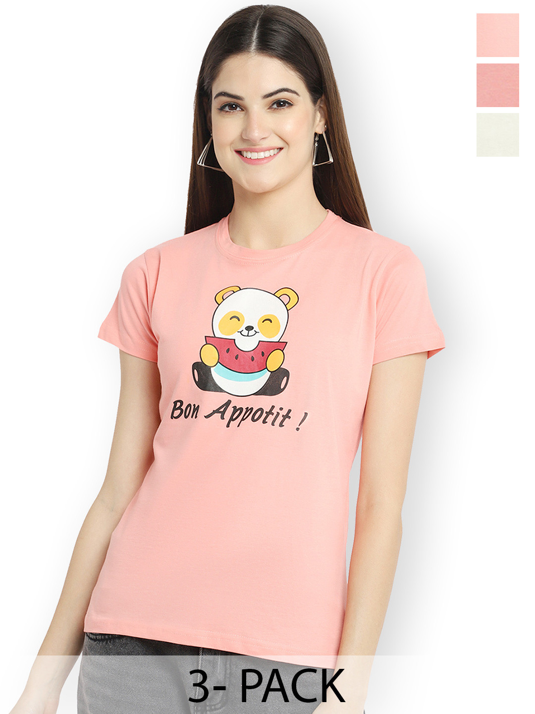 

Fabflee Women Multicoloured 3 Printed V-Neck T-shirt, Multi