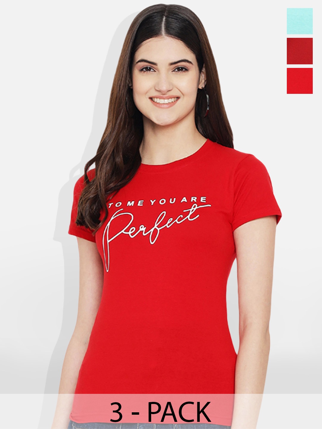 

Fabflee Pack Of 3 Typography Printed Round Neck Cotton T-shirt, Red