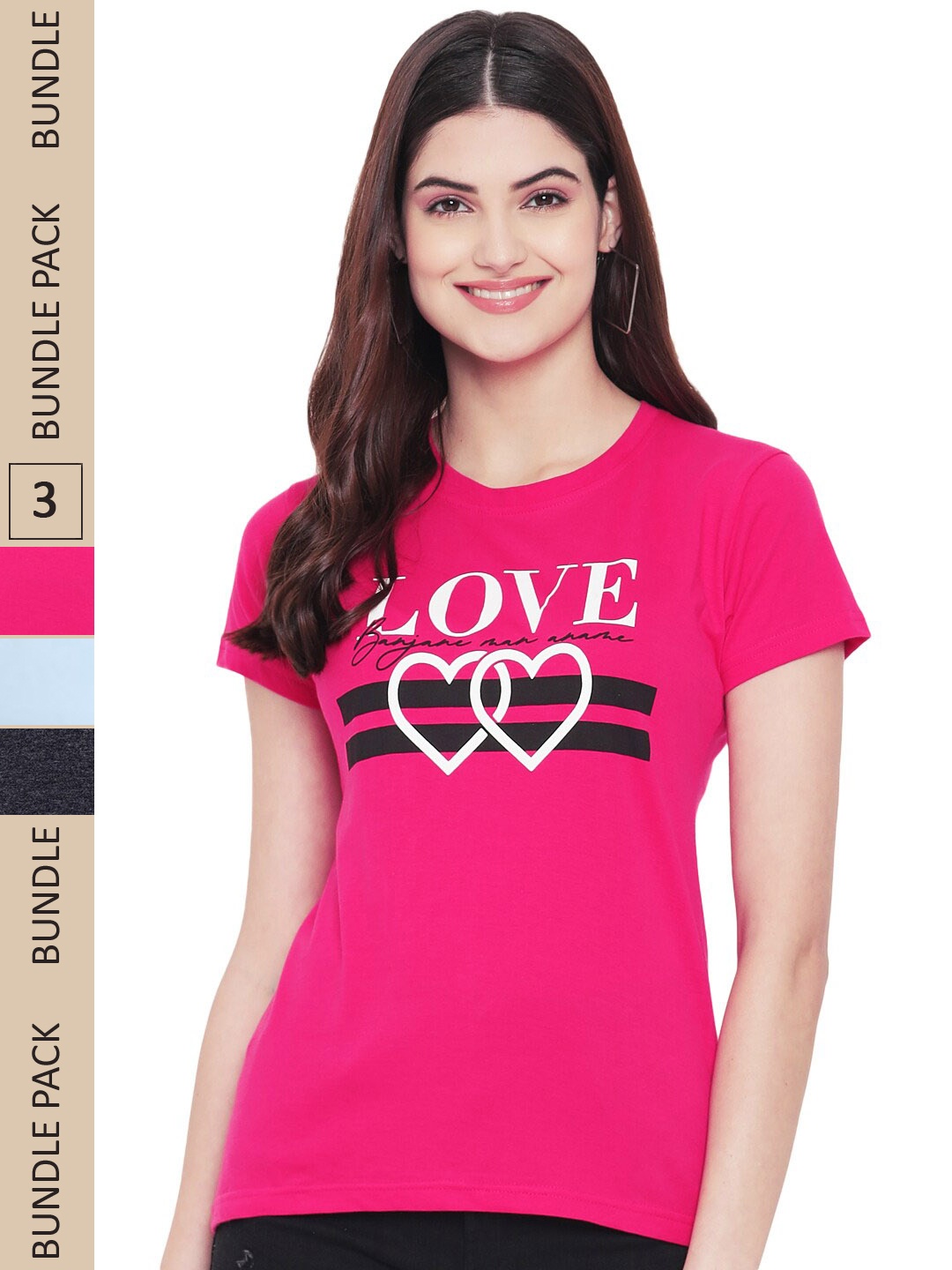 

Fabflee Pack Of 3 Printed Cotton T-shirts, Pink
