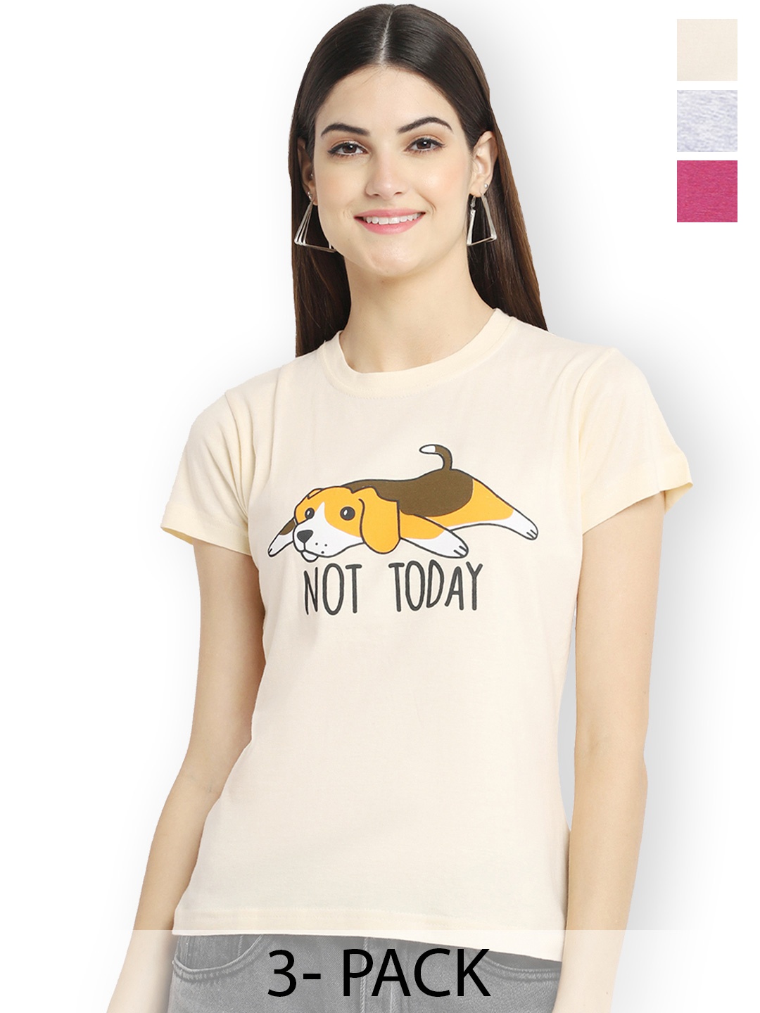 

Fabflee Women Multicoloured 3 V-Neck Applique T-shirt, Multi