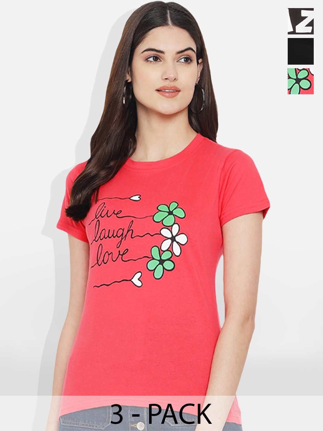 

Fabflee Pack Of 3 Printed Round Neck Cotton T-shirt, Red