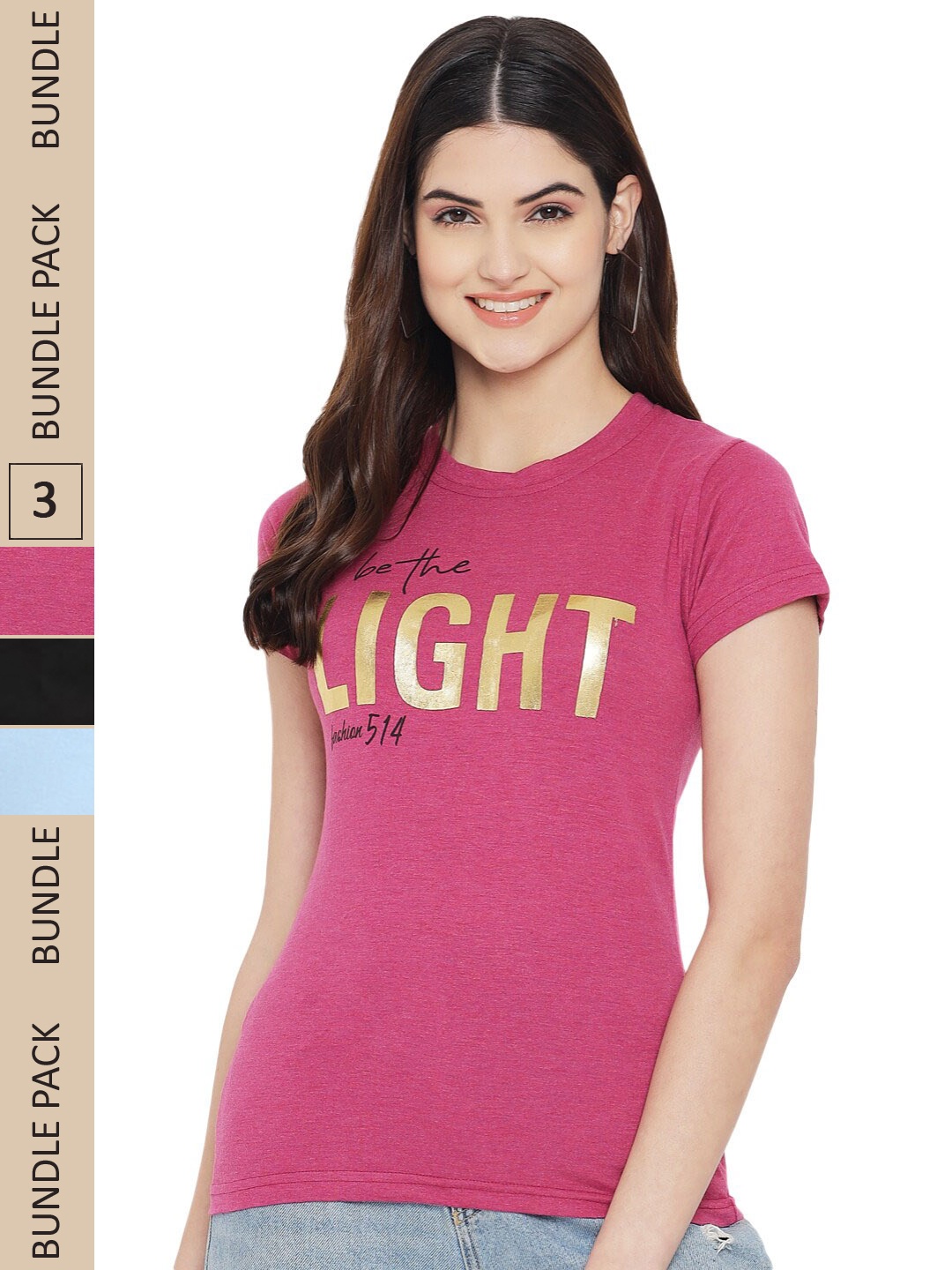 

Fabflee Pack Of 3 Graphic Printed Round Neck Cotton T-shirts, Pink
