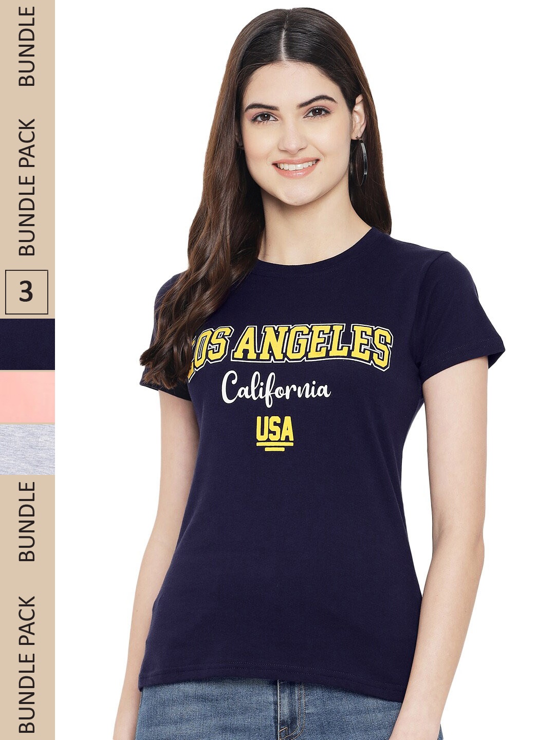 

Fabflee Pack of 3 Typography Round Neck Cotton T-shirt, Navy blue