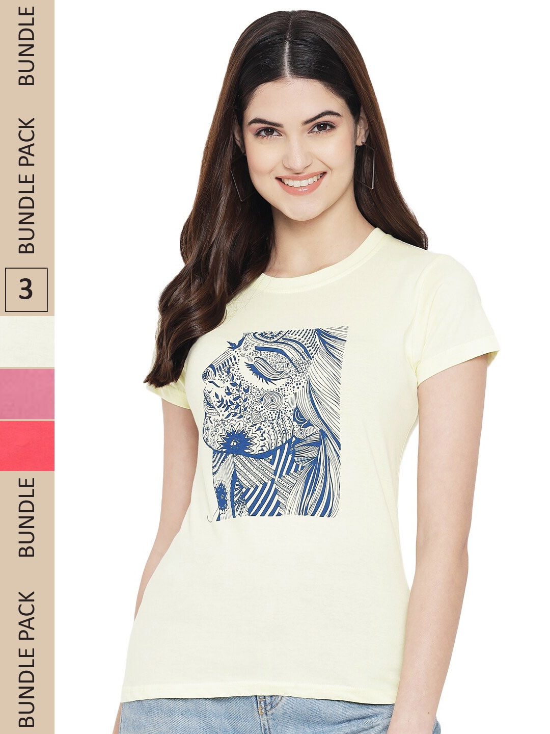 

Fabflee Pack Of 3 Graphic Printed Round Neck Cotton T-shirts, Beige