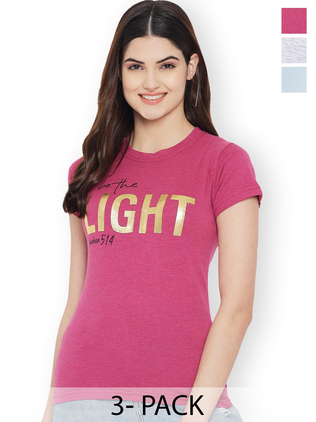 

Fabflee Women Multicoloured 3 Printed V-Neck Extended Sleeves Applique T-shirt, Multi