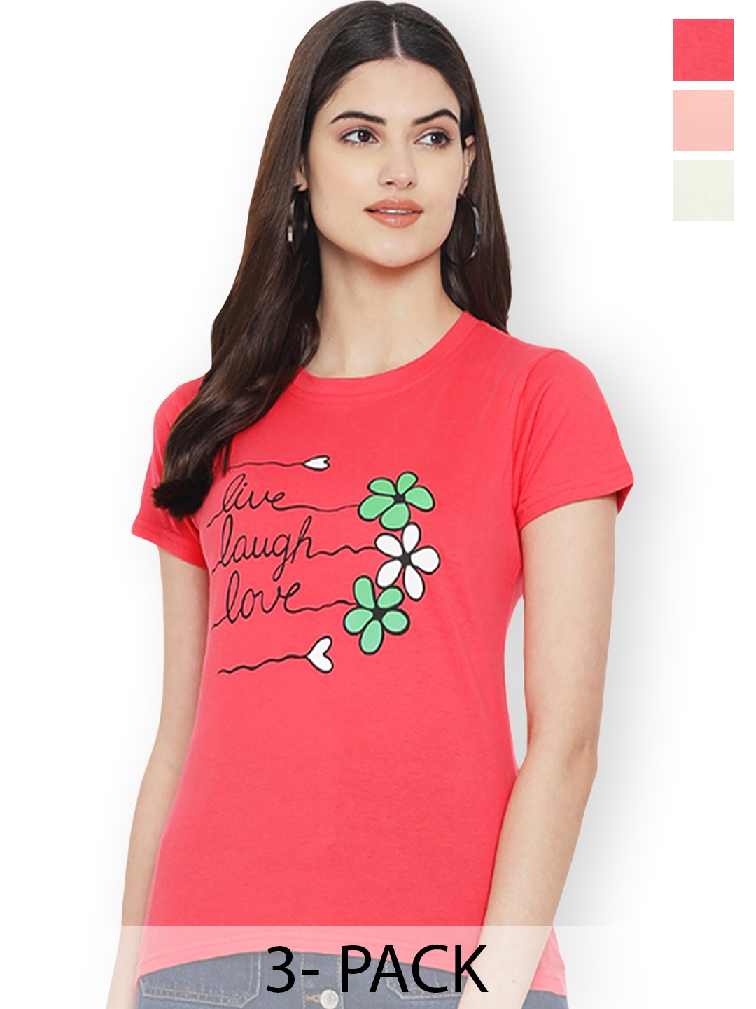 

Fabflee Women Multicoloured 3 Printed Applique T-shirt, Multi